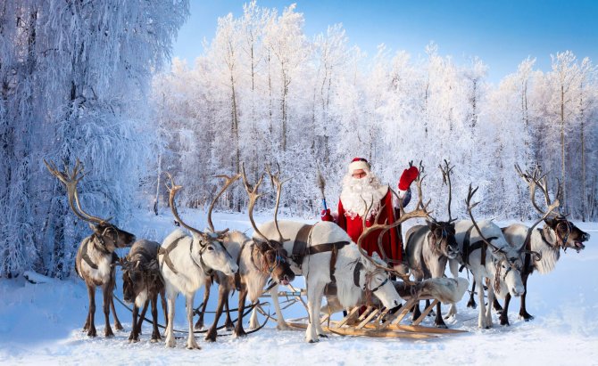 Shutterstock nuotr./Kalėdų senelis ir jo elniai, Laplandija, Suomija
