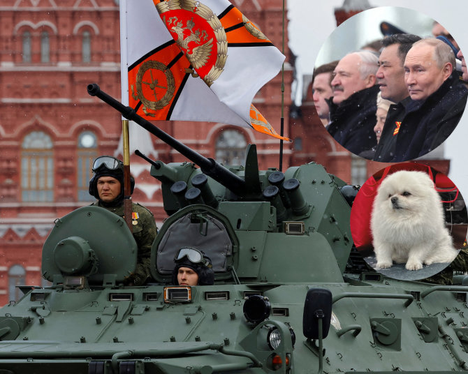 15min koliažas /Reuter/AFP/ Scanpix/Paradą Raudonojoje aikštėje stebėjo Aliaksandro Lukašenkos špicas, bet ne vbarbūs užsienio lyderiai