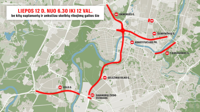 Liepos 12 d. papildomų eismo ribojimų Vilniaus žemėlapis