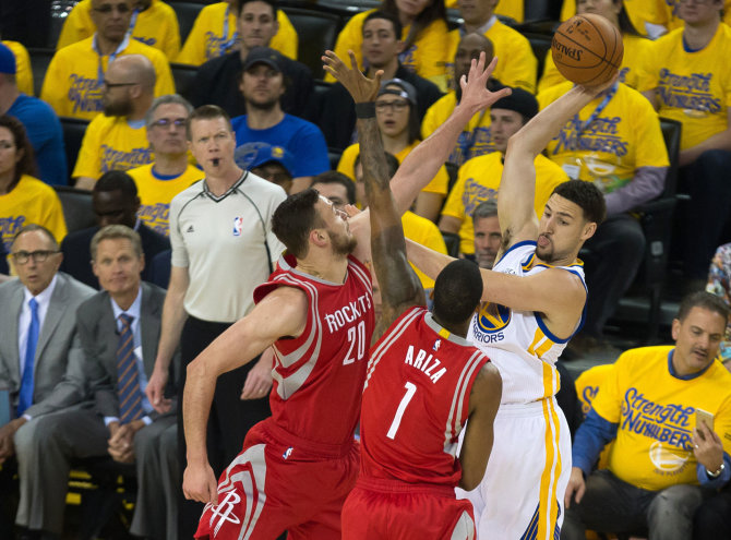 AFP/„Scanpix“ nuotr./Klay Thompsonas ir Donatas Motiejūnas