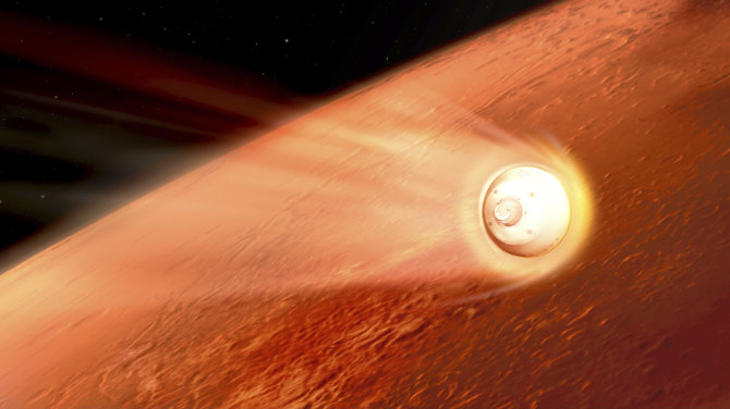 NASA iliustr./Menininko sukurtoje iliustracijoje – „Perseverance“ gaubiančios kapsulės nusileidimas į Marso atmosferą