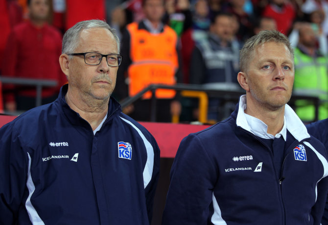 „Scanpix“/AP nuotr./Islandijos rinktinės trenerių duetas – Larsas Lagerbackas ir Heimiras Hallgrimssonas