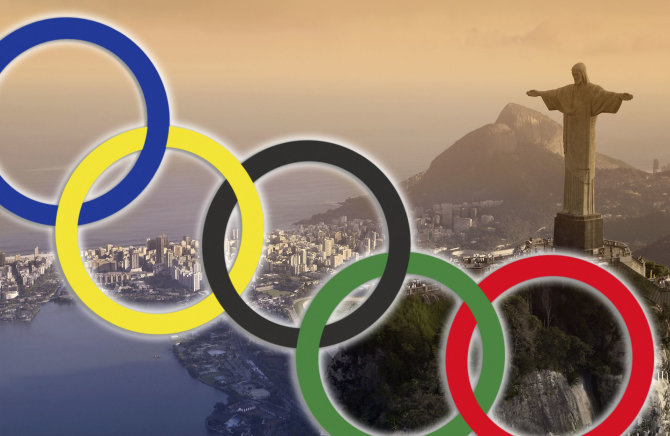 123rf.com/Olimpiniai žiedai Rio de Žaneiro panoramos fone