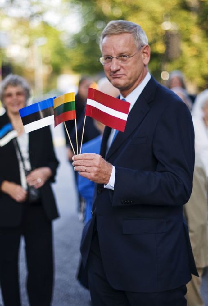 AFP/„Scanpix“ nuotr./Švedijos užsienio reikalų ministras Carlas Bildtas laiko Baltijos šalių vėliavėles