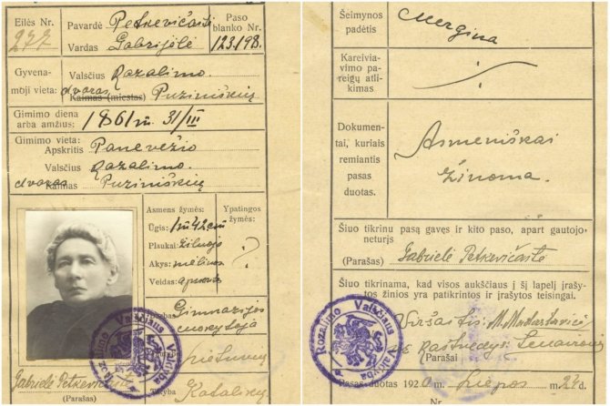 Lietuvos literatūros ir meno archyvo nuotr./Gabrielei Petkevičaitei 1920 m. liepos 24 d. išduoto vidaus paso kortelė 