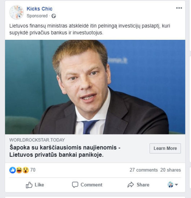 „Facebook“ nuotr./Reklama, kurioje naudojamas finansų ministro atvaizdas