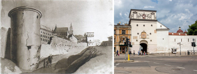 Aušros vartai su Vilniaus gynybine siena XVIII a. pab. ir dabar