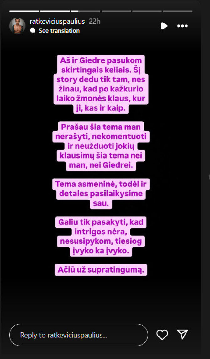 „Instagram“ ekrano nuotr./Paulius Ratkevičius pranešė apie skyrybas