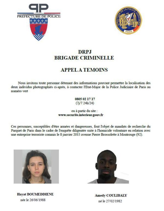 Prancūzijos policijos nuotr./Įtariamieji dėl Paryžiaus policininkė nužudymo: Hayat Boumeddiene ir Amedy Coulibaly