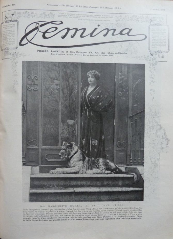 Wikimedia Commons nuotr./Marguerite Durand su liūtu ant žurnalo viršelio 