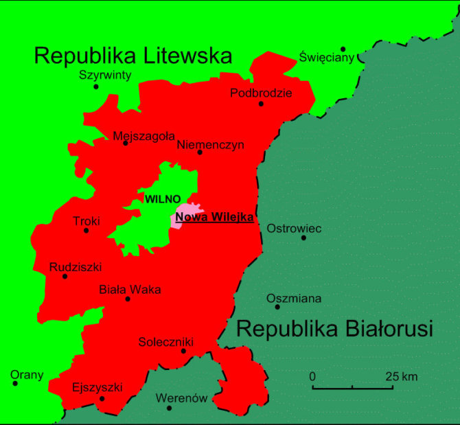 Wikimedia Commons CC BY-SA 4.0 pav./Planuota Vilniaus krašto lenkų autonominio rajono teritorija