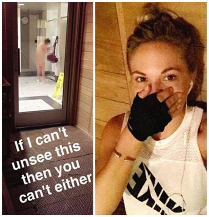 „Snapchat“ nuotr./„Playboy“ modelis Dani Mathers viešai pasityčiojo iš persirenginėjančios moters sporto klube