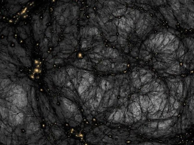 Technologijos.lt nuotr. /Tamsiosios materijos pasiskirstymo Visatoje prieš 13,6 milijardus metų modelis.