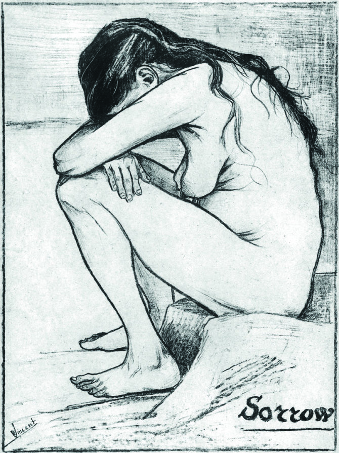 Sorrow, 1882 metų balandis. Keleto tą pačią figūrą vaizduojančių piešinių litografija. Vieną van Gogas nusiuntė Teo pripažindamas, kad tai „geriausia kada nors jo nupiešta figūra“.