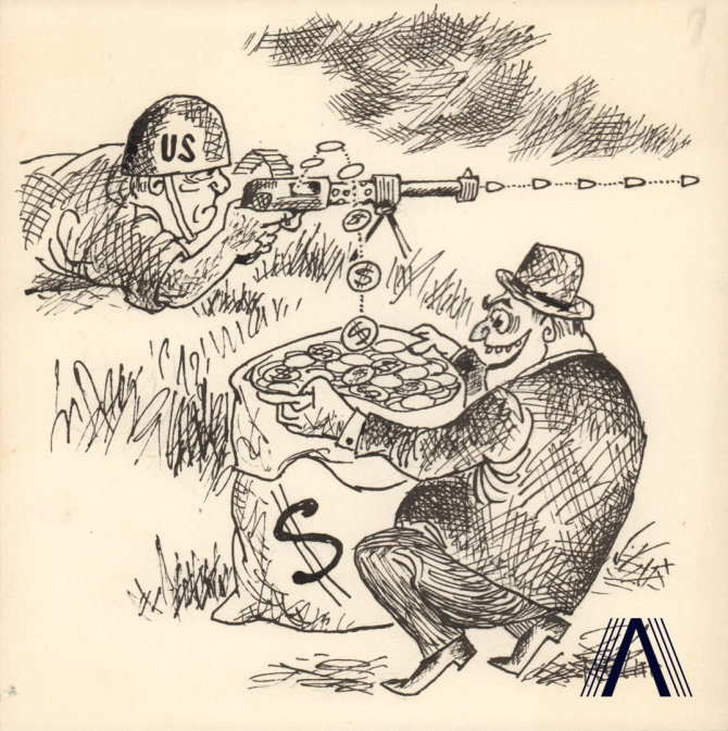 karikatūra iš www.archivesofculture.com/Jono Dociaus 1969 m. sukurta antikapitalistinė karikatūra