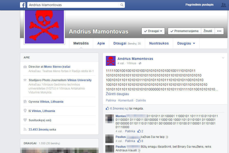 Andriaus Mamontovo paskyra „Facebook“ tinkle