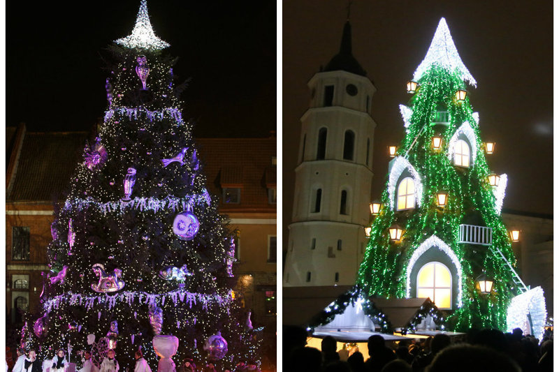 Kauno (kairėje) ir Vilniaus 2015 m. Kalėdų eglės 