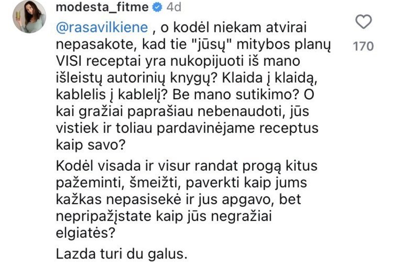 Modestos Žukauskaitės komentaras socialiniame tinkle.