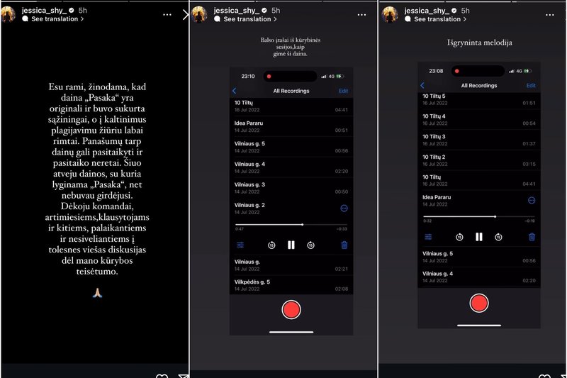 Jessica Shy įtarimus dėl galimo dainos plagijavimo pakomentavo instagramo istorijose
