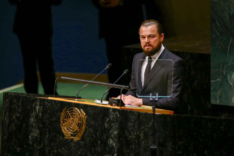 Balsas, kurį girdi: Leonardo DiCaprio – Jungtinių Tautų taikos pasiuntinys – kalba JT viršūnių susitikime klimato kaitos klausimais Niujorke 2014-aisiais / Getty nuotrauka