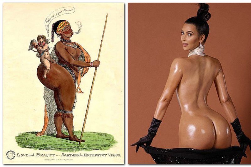 Kim Kardashian dėl savo apvalumų lyginama su garsia XIX amžiaus afrikiete