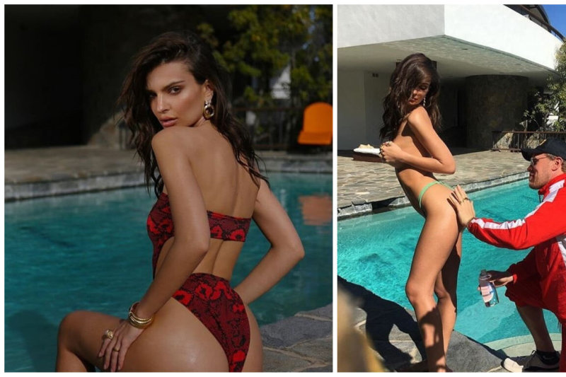 Emily Ratajkowski pristatė maudymosi kostiumėlių kolekciją, fotosesijoje dalyvavo ir jos vyras