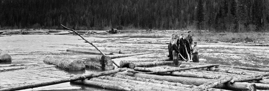 Lietuviai tremtyje. Tubilio upe tremtiniai plukdo sielius. Tubilis, Daursko r., Krasnojarsko k., 1955 m.