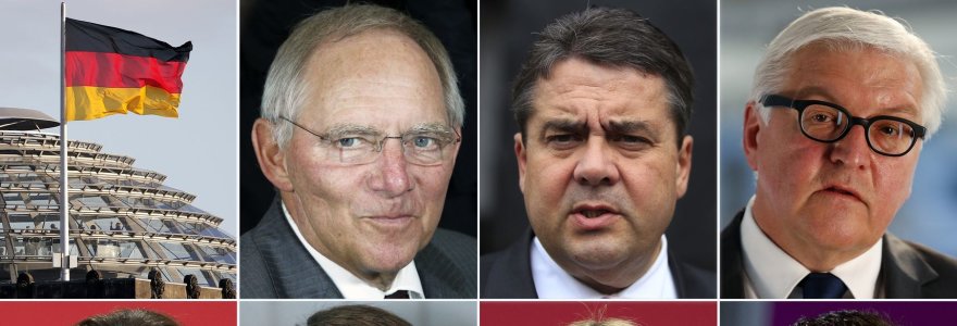 Reichstago vėliava, Finansų ministras Wolfgangas Schaeuble, socialdemokratų lyderis (SPD) Sigmaras Gabrielis, SPD parlamentinės grupės vadovas Frankas-Walteris Steinmeieris ir SPD  generalinė sekretorė Andrea Nahles, SPD iždininkė Barbara Hendricks, SPD pirmininko pavaduotoja Manuela Schwesig bei SP