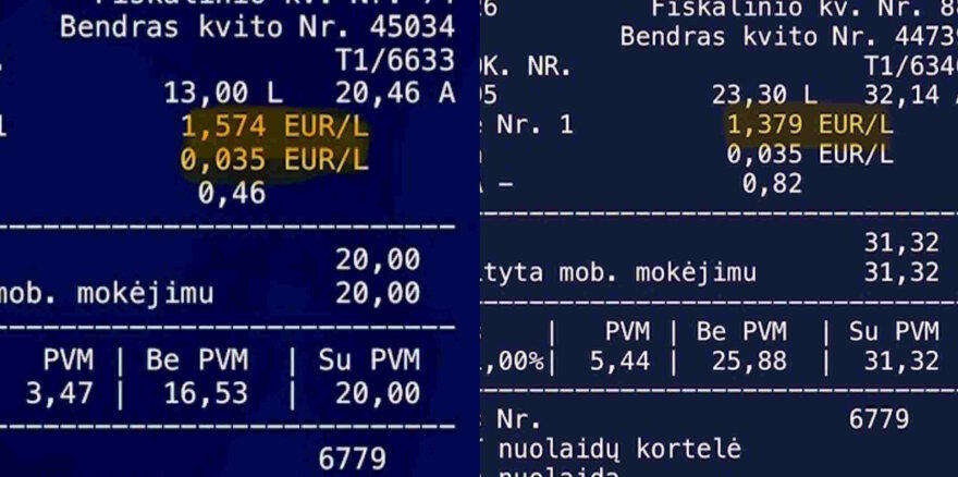 Skaitytojo Aurimo nuotr./Benzino kainų palyginimas toje pačioje Neste degalinėje
