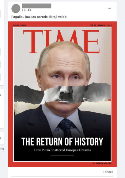 Ekrano nuotr. iš „Facebook“/Socialiniuose tinkluose paplito Vladimiro Putino su Adolfo Hitlerio ūsais nuotrauka