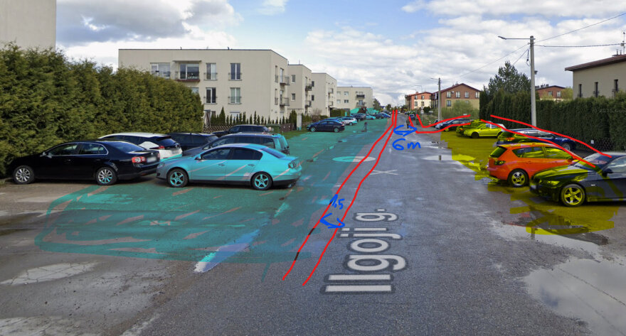 15min skaitytojo nuotr./Automobilių statymas Užliedžių Ilgojoje gatvėje: mėlyna zona – privatus sklypas, raudona – planuojami šaligatviai, geltona – savivaldybės aikštelė