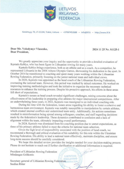 LIF ir V.Dranginio/LTOK nuotr./Į Ukrainos irklavimo rinktinės trenerio postą pretenduojantis Kęstutis Keblys liko įskaudintas laiško, kurį pasirašė Lietuvos irklavimo federacijos vadovai S.Ritteris ir M.Griškonis.