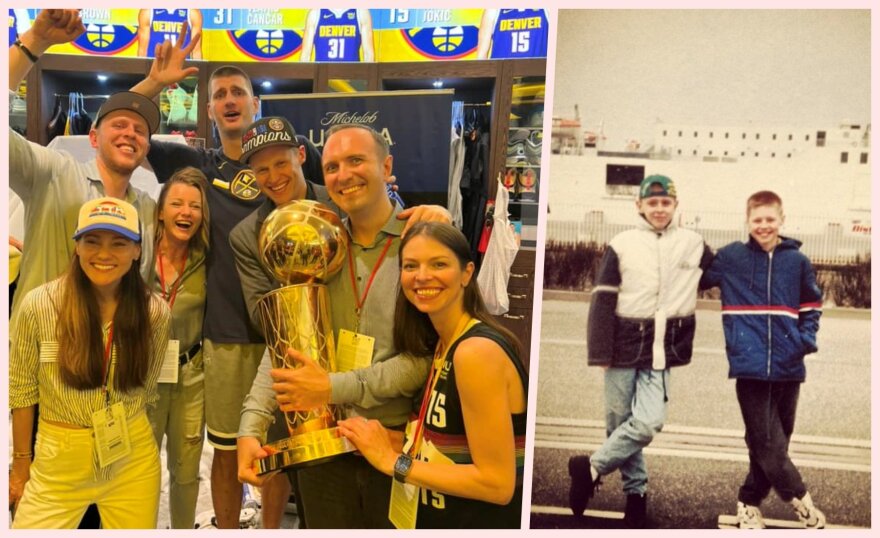 Asmeninio archyvo nuotr./Tomas Balčėtis ir Martynas Pocius švenčia NBA čempionų titulą su artimaisiais ir komandos žvaigžde N.Jokičiumi. 15min primena, kad dviejų vilniečių kelias prasidėjo nuo pat vaikystės.