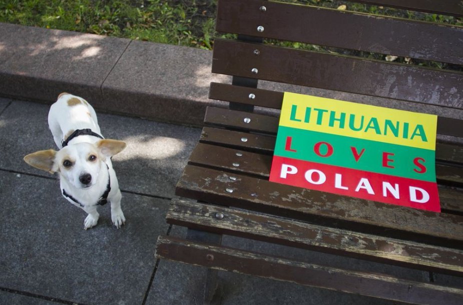 Akcijos dalyviai fotografavosi su plakatu „Lietuva myli Lenkiją“
