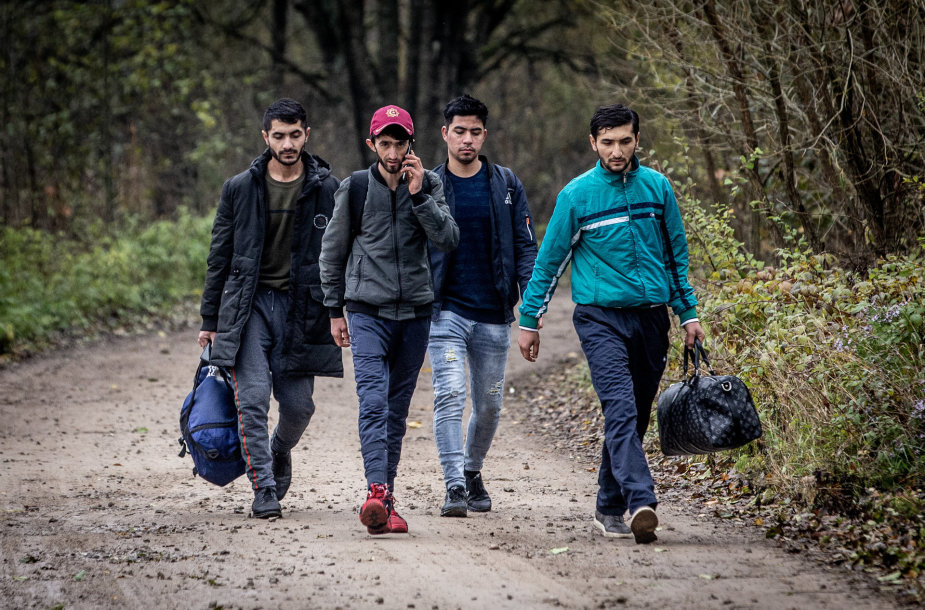Migrantai, nelegaliai patekę į Lietuvą, eina per Musteikos kaimą (Varėnos r.) 