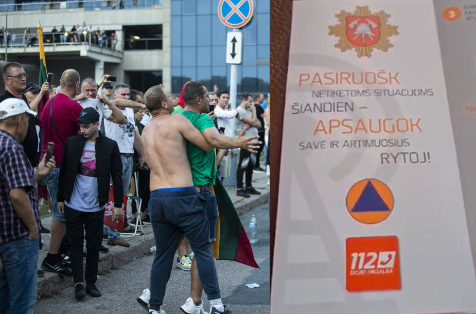Civilinės saugos lankstinukas ir protestuotojai prie Seimo 