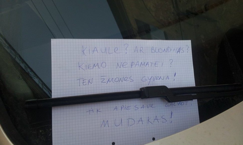 Fotopolicija Paupio gatvėje: piktas raštelis ant VW stiklo