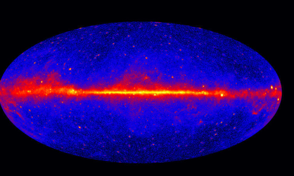 Galaktikos anihiliacijų „žemėlapis“: raudonai pažymėta didelės energijos spinduiuotė, sklindanti iš mūsų galaktikos