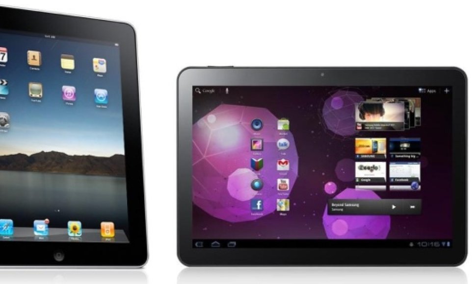 „Apple“ planšetinis kompiuteris „iPad 2“ (kairėje) ir „Samsung“ konkurentas „Galaxy Tab 10.1“.