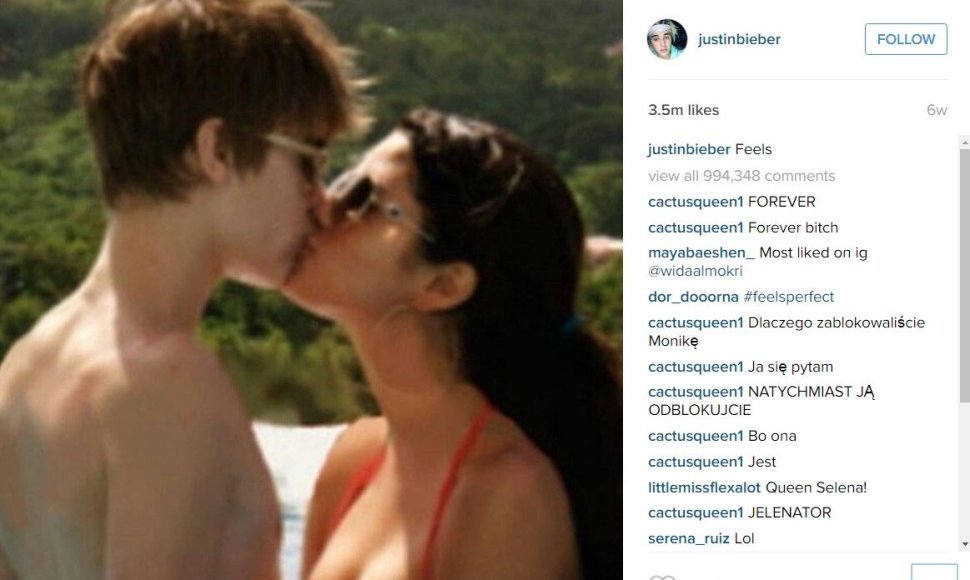 Justino Bieberio ir Selenos Gomez bučinio nuotrauka – populiariausia „Instagram“ tinkle