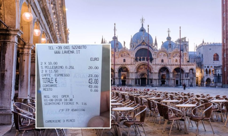 Venecijoje turistai už vandenį ir kavą gavo 43 eurų sąskaitą