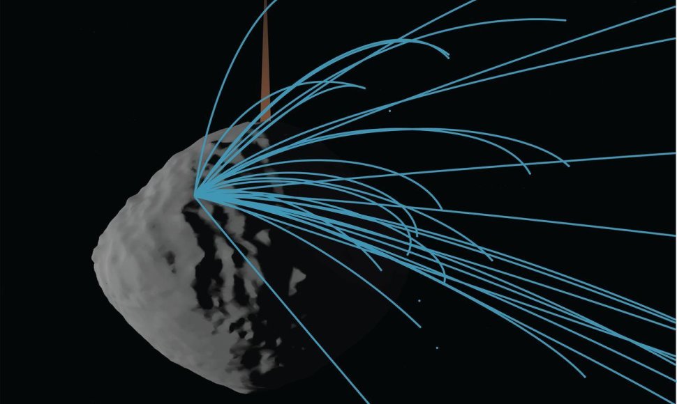 Asteroido Bennu medžiagos praradimai: mėlynomis linijomis pažymėti sausio 19 d. užfiksuotos dalelių trajektorijos