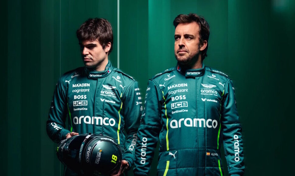 &bdquo;Aston Martin&ldquo; F1 komandos automobilis pristatymo Londone metu. Lance'as Strollas ir Fernando Alonso.