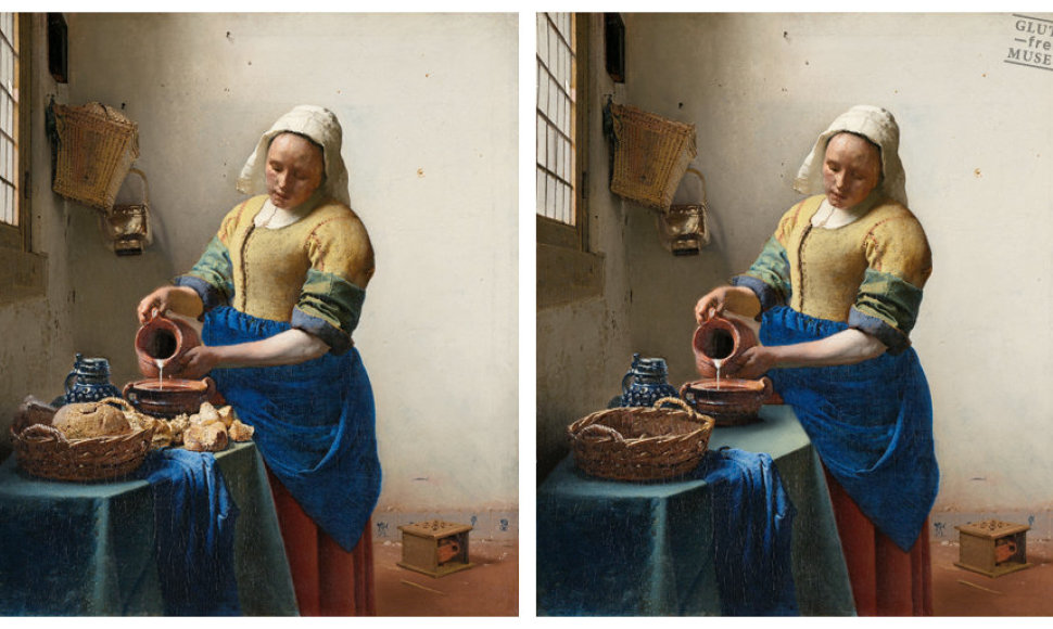 Johannes Vermeer paveikslas ir prancūzų menininko „patobulinta“ jo versija