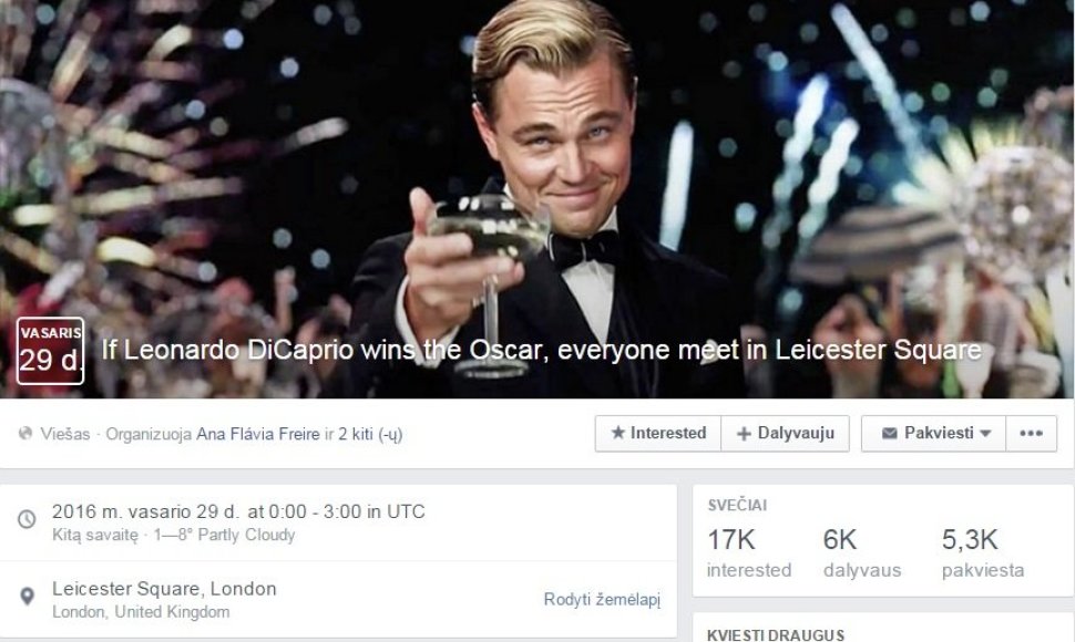 Leonardo DiCaprio gerbėjai planuoja masinę šventę, jei jis pagaliau gaus „Oskarą“