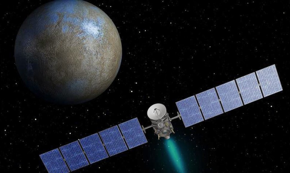 NASA zondas „Dawn“, skrendantis aplink nykštukinę planetą Cererą menininko akimis