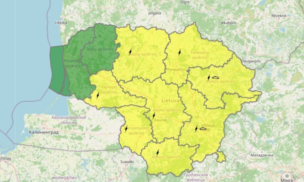 Geltoni įspėjimai dėl pavojingų rei&scaron;kinių ketvirtadienį, liepos 23 d.