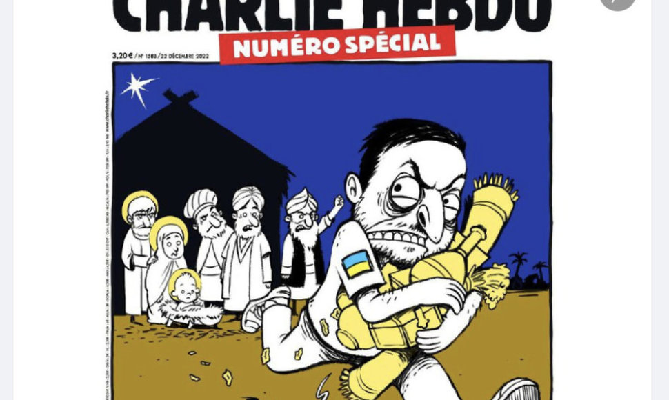 Besidalinantieji tariamu „Charlie Hebdo“ viršelio piešiniu aiškina, esą Ukrainos vadovas Volodymyras Zelenskis pavogė Kalėdas