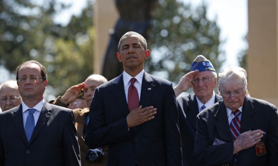 Barackas Obama, Francois Hollande\'as ir išsilaipinimo Normandijoje veteranai