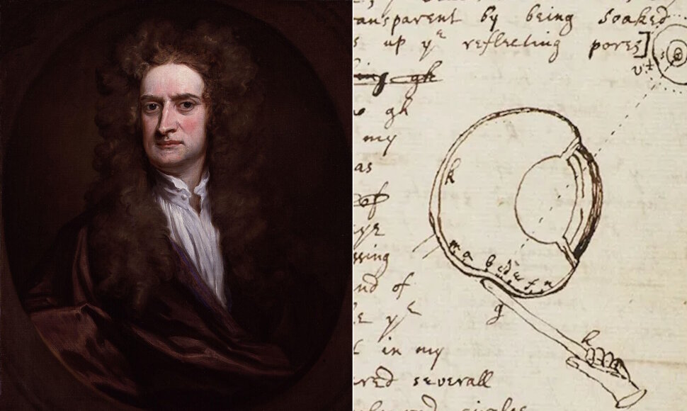 Isaacas Newtonas (Godfrey Knellerio 1702 m. tapytas portretas) ir jo rankra&scaron;tis, kuriame Newtonas apra&scaron;o adatos už akies obuolio eksperimentą